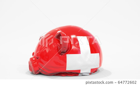 Deflating inflatable piggy bank with printed flag of Switzerland. Swiss financial crisis related conceptual 3D rendering Deflating inflatable piggy bank with printed flag of Switzerland. Swiss financial crisis related conceptual 3D rendering 64772602
