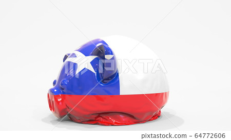Deflating inflatable piggy bank with flag of Chile. Chilean financial crisis related conceptual 3D rendering Deflating inflatable piggy bank with flag of Chile. Chilean financial crisis related conceptual 3D rendering 64772606