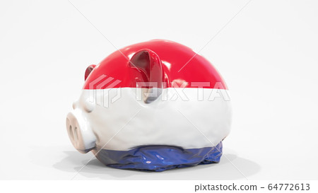 Deflating inflatable piggy bank with printed flag of the Netherlands. Dutch financial crisis related conceptual 3D rendering Deflating inflatable piggy bank with printed flag of the Netherlands. Dutch financial crisis related conceptual 3D rendering 64772613