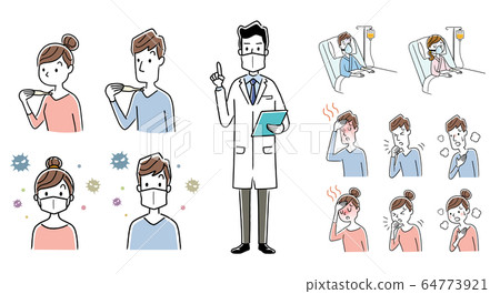 Stock illustration: new coronavirus symptoms, doctor explaining the measures, set 64773921