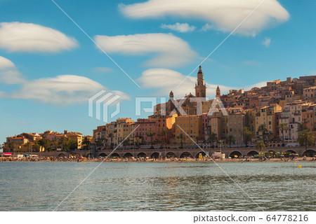 Menton France, city skyline at Menton beach 64778216