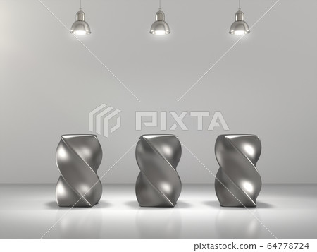 Pedestal for display, product showcase, Blank product stand in Empty room with lamps. 3D rendering. Pedestal for display, product showcase, Blank product stand in Empty room with lamps. 3D rendering. 64778724