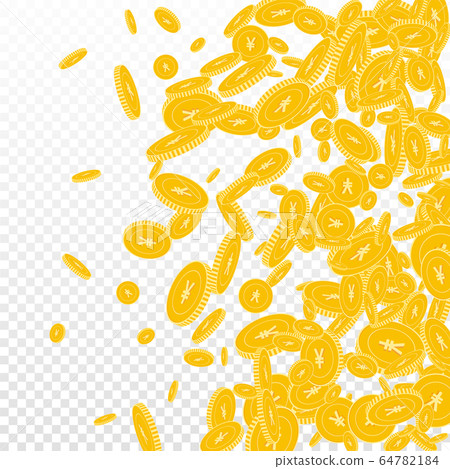 Chinese yuan coins falling. Scattered floating CNY 64782184