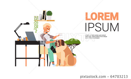 man freelancer using laptop working at home during coronavirus quarantine self-isolation freelance 64783213