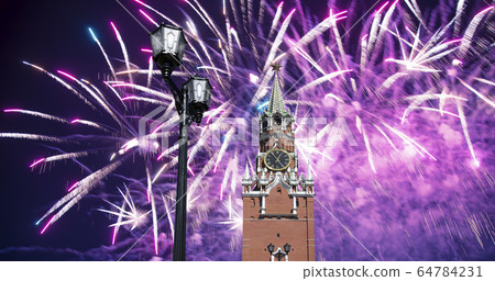 The Spasskaya Tower and fireworks in honor of Victory Day celebration (WWII), Red Square, Moscow, Russia The Spasskaya Tower and fireworks in honor of Victory Day celebration (WWII), Red Square, Moscow, Russia 64784231