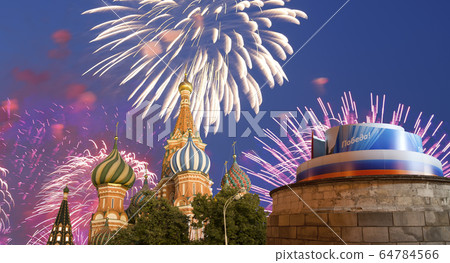 Temple of Basil the Blessed and fireworks in honor of Victory Day celebration (WWII), Moscow, Russia. Temple of Basil the Blessed and fireworks in honor of Victory Day celebration (WWII), Moscow, Russia. 64784566