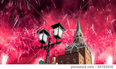 Troitskaya (Trinity) Tower and fireworks in honor of Victory Day celebration (WWII),  Moscow Kremlin, Russia 64785056