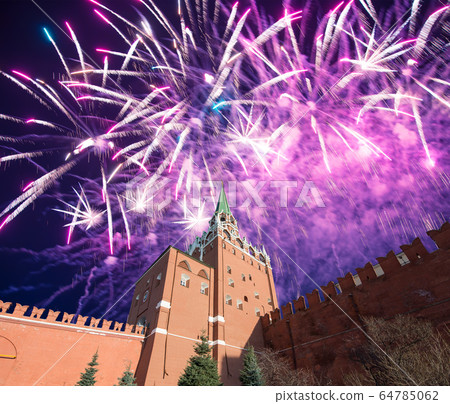 Troitskaya (Trinity) Tower and fireworks in honor of Victory Day celebration (WWII), Moscow Kremlin, Russia Troitskaya (Trinity) Tower and fireworks in honor of Victory Day celebration (WWII), Moscow Kremlin, Russia 64785062
