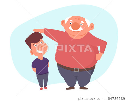 Father stroked hos son head or measure his height. 64786289