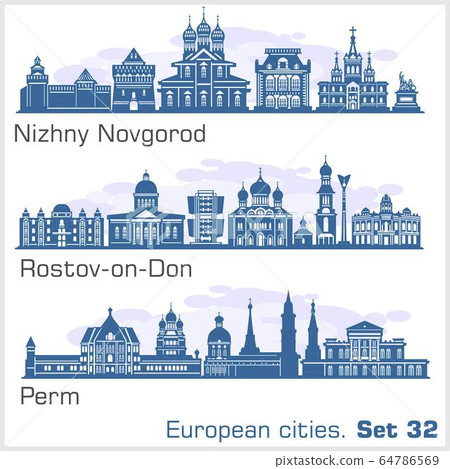 Nizhny Novgorod, Rostov, Perm City skyline set. Russia. Vector silhouette on white. Nizhny Novgorod, Rostov, Perm City skyline set. Russia. Vector silhouette on white. 64786569