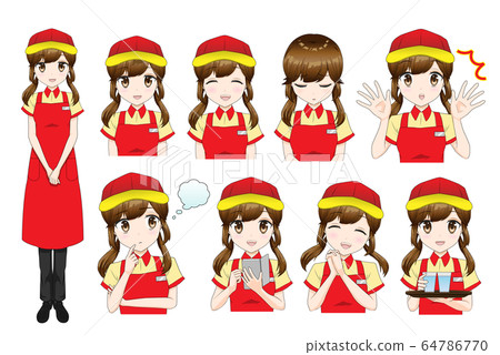 餐廳staff_9姿勢套裝的女孩* EPS文件可戴上和脫下帽子。 64786770