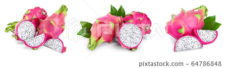 Ripe Dragon fruit, Pitaya or Pitahaya isolated on white background, fruit healthy concept. Set or collection Ripe Dragon fruit, Pitaya or Pitahaya isolated on white background, fruit healthy concept. Set or collection 64786848