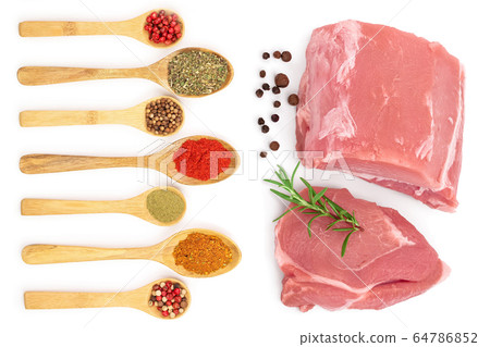 mix of spices in wooden spoon isolated on a white background with copy space for your text. Top view. Flat lay. Set or collection mix of spices in wooden spoon isolated on a white background with copy space for your text. Top view. Flat lay. Set or collection 64786852