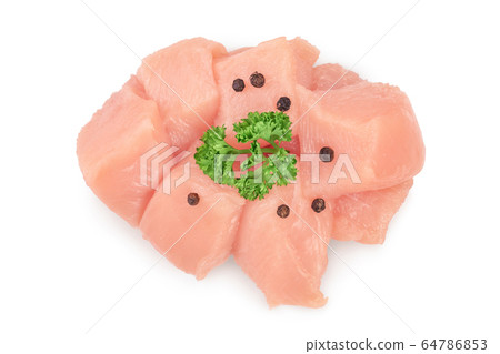 Fresh diced chicken fillet with parsley isolated on white background with clipping path and full depth of field. Top view. Flat lay Fresh diced chicken fillet with parsley isolated on white background with clipping path and full depth of field. Top view. Flat lay 64786853