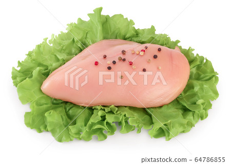 Fresh chicken fillet with lettuce isolated on white background with clipping path and full depth of field. Fresh chicken fillet with lettuce isolated on white background with clipping path and full depth of field. 64786855