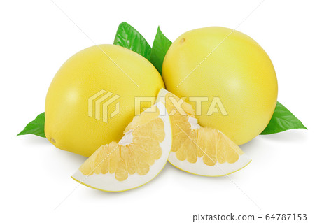 pomelo with slices and leaf isolated on white background with clipping path and full depth of field 64787153