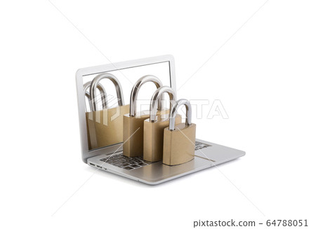 Computer security concept. Three padlocks on laptop isolated on white with clipping path 64788051