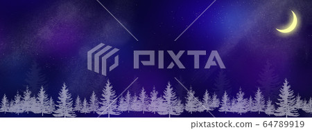 New moon and trees floating in the starry sky 64789919