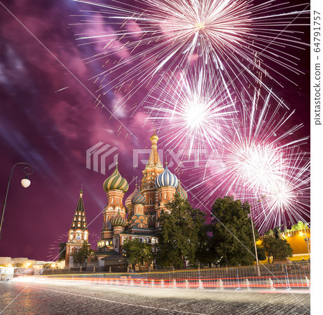 Fireworks over the Cathedral of Intercession of Most Holy Theotokos on the Moat ( Temple of Basil the Blessed), Red Square, Moscow, Russia 64791757