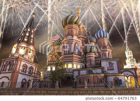 Fireworks over the Cathedral of Intercession of Most Holy Theotokos on the Moat ( Temple of Basil the Blessed), Red Square, Moscow, Russia Fireworks over the Cathedral of Intercession of Most Holy Theotokos on the Moat ( Temple of Basil the Blessed), Red Square, Moscow, Russia 64791763