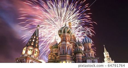 Fireworks over the Cathedral of Intercession of Most Holy Theotokos on the Moat ( Temple of Basil the Blessed), Red Square, Moscow, Russia 64791764