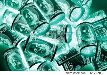 One hundred dollar bills (banknotes ) close up, U.S. currency-- in UV light protection One hundred dollar bills (banknotes ) close up, U.S. currency-- in UV light protection 64792030