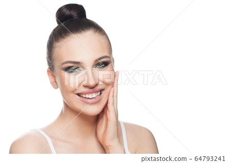 Happy woman spa model isolated on white background, beautiful face closeup  64793241