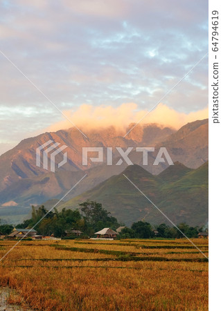 The beautiful landscape of Sapa with mountains, clouds, blue sky, and rice fields at sunset in the countryside Vietnam. Royalty high-quality stock image of a landscape. 64794619
