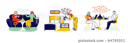 Aromatherapy Concept. Male and Female Characters Using Aroma Oil Diffuser Lamp at Home for Wellbeing and Relaxation. Women Chatting on Sofa, Couple Work on Laptops. Linear People Vector Illustration 64795051
