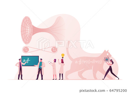 Scientific Concept with Tiny Scientists Characters Solve Fundamental Quantum Mechanics Formulas, Cat of Schrodinger Equation, Quantum Field Theory and Tunneling. Cartoon People Vector Illustration 64795200