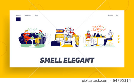 Aromatherapy Landing Page Template. Characters Using Aroma Oil Diffuser Lamp at Home for Wellbeing and Relaxation. Women Chatting on Sofa, Couple Work on Laptops. Linear People Vector Illustration 64795314