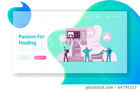Mechanical Lungs Ventilation Landing Page Template. Doctor Characters Control Diseased Patient Lying in Chamber with Breething Machine, Coronavirus Pandemic. Cartoon People Vector Illustration 64795333