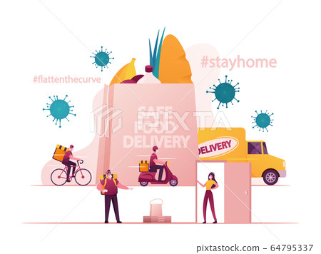 Safe Food Delivery. Courier Characters Delivering Grocery Order to Home of Customer with Mask and Gloves During Coronavirus Pandemic Use Bike, Scooter, on Foot. Cartoon People Vector Illustration Safe Food Delivery. Courier Characters Delivering Grocery Order to Home of Customer with Mask and Gloves During Coronavirus Pandemic Use Bike, Scooter, on Foot. Cartoon People Vector Illustration 64795337