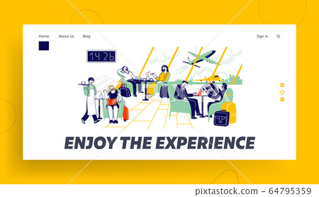 Characters Waiting Airplane Departure in Airport Business Lounge Landing Page Template. People Sitting in Comfortable Armchairs at Coffee Tables Chatting, Working on Laptop. Linear Vector Illustration 64795359