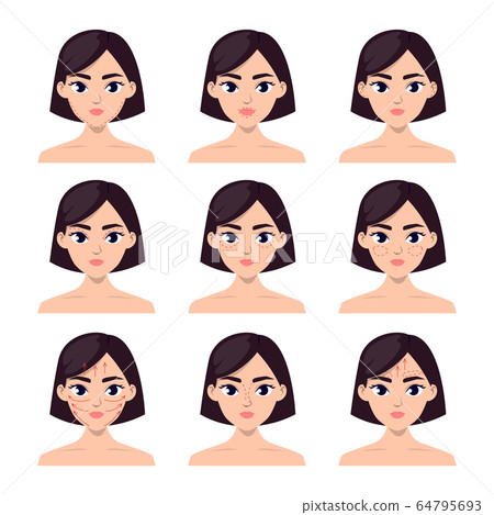 Set Of Female Faces With Plastic Surgery Lines Stock Illustration