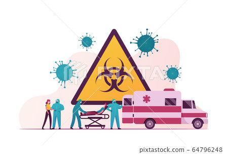 Doctor Characters Wear Protective Costumes Hospitalize Diseased Infectious Patient Lying on Bed for Mechanical Lungs Ventilation Machine Aid, Coronavirus Pandemic. Cartoon People Vector Illustration 64796248