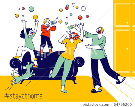Happy Family Characters Parents and Kids Playing, Blowing Soap Bubbles at Covid19 Quarantine Isolation. Stay Home Concept with Kids Mess, Mom, Dad Dog and Children. Linear People Vector Illustration Happy Family Characters Parents and Kids Playing, Blowing Soap Bubbles at Covid19 Quarantine Isolation. Stay Home Concept with Kids Mess, Mom, Dad Dog and Children. Linear People Vector Illustration 64796260