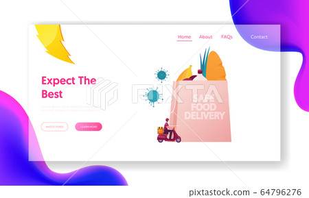 Safe Food Delivery Landing Page Template. Courier Character Delivering Grocery Order to Home of Customer During Coronavirus Pandemic Use Scooter, Express Service. Cartoon People Vector Illustration Safe Food Delivery Landing Page Template. Courier Character Delivering Grocery Order to Home of Customer During Coronavirus Pandemic Use Scooter, Express Service. Cartoon People Vector Illustration 64796276