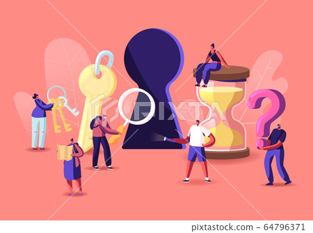 Tiny Male and Female Characters Paying Quest Game Solving Puzzle During Riddle. Escape Room Concept, Friends Company Adventure, Recreation. People with Keys and Hourglass. Cartoon Vector Illustration 64796371