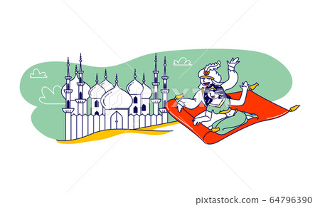 Aladdin and Jasmine Princess Characters Escape from Palace on Flying Carpet. Plot of Arabian Fairytale, Love Story Scene, Oriental Culture, Fantasy Book Personages. Linear People Vector Illustration 64796390