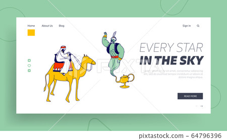 Arabian Fairytale, Fantasy Story Telling Landing Page Template. Arabic Bedouin Character Riding on Camel, Genie and Wish Lamp. Oriental Eastern Culture, Dream. Linear People Vector Illustration 64796396