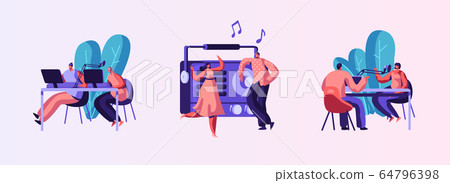 Set of Radio Personality On-air. Introduce and Play Individual Selection of Record Music. Host Talk Show, Interviews Celebrity or Guest. Listener Characters Dance. Cartoon People Vector Illustration 64796398