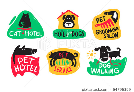Pets Hotel, Cats and Dogs Grooming, Sitting and Walking Service Icons or Banners Set. Hospitality for Domestic Animals Posters Simple Design. Puppies and Kittens Daycare. Cartoon Vector Illustration 64796399