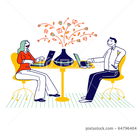 Couple of Colleagues Male Female Characters Sitting in Office or Coworking Area Working on Laptops with Aroma Oil Diffuser Lamp Stand on Table, Aromatherapy Concept. Linear People Vector Illustration 64796404