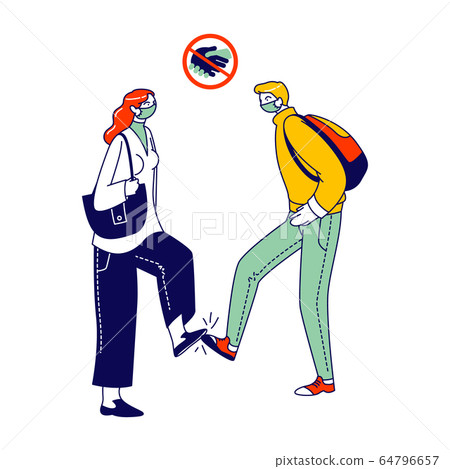 Friends or Colleagues Alternative Non-contact Greet During Coronavirus Epidemic. Male Female Characters Greeting Each Other with Feet Instead of Handshake, Safety. Linear People Vector Illustration 64796657