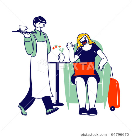 Female Character Sitting in Business Lounge in Airport Waiting Airplane Boarding. Woman Sit in Armchair Ordering Drink at Waiter while Relaxing after Plane Flight. Linear People Vector Illustration 64796670