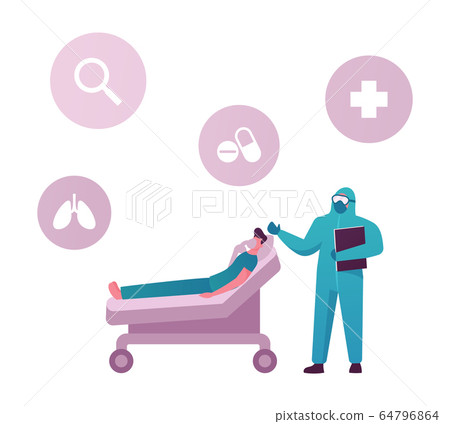 Male Character Lying in Clinic Department Chamber in Hospital Need Mechanical Lungs Ventilation at Covid19 Pandemic. Doctor in Hazmat Suit Stand near Patient Bed. Cartoon People Vector Illustration 64796864
