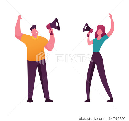 Online Public Relations and Affairs Concept. Man and Woman Characters Shouting to Megaphone or Loudspeaker. Alert Advertising Campaign, Propaganda Speech, Pr Promo. Cartoon People Vector Illustration 64796891