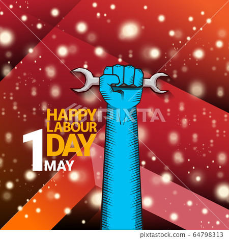 1 may Happy labour day vector label with strong protest fist isolated on red background with rays. vector happy labor day background or banner with man hand. workers may day poster 1 may Happy labour day vector label with strong protest fist isolated on red background with rays. vector happy labor day background or banner with man hand. workers may day poster 64798313