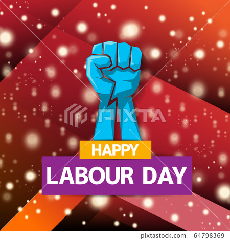 1 may Happy labour day vector label with strong protest fist isolated on red background with rays. vector happy labor day background or banner with man hand. workers may day poster 64798369